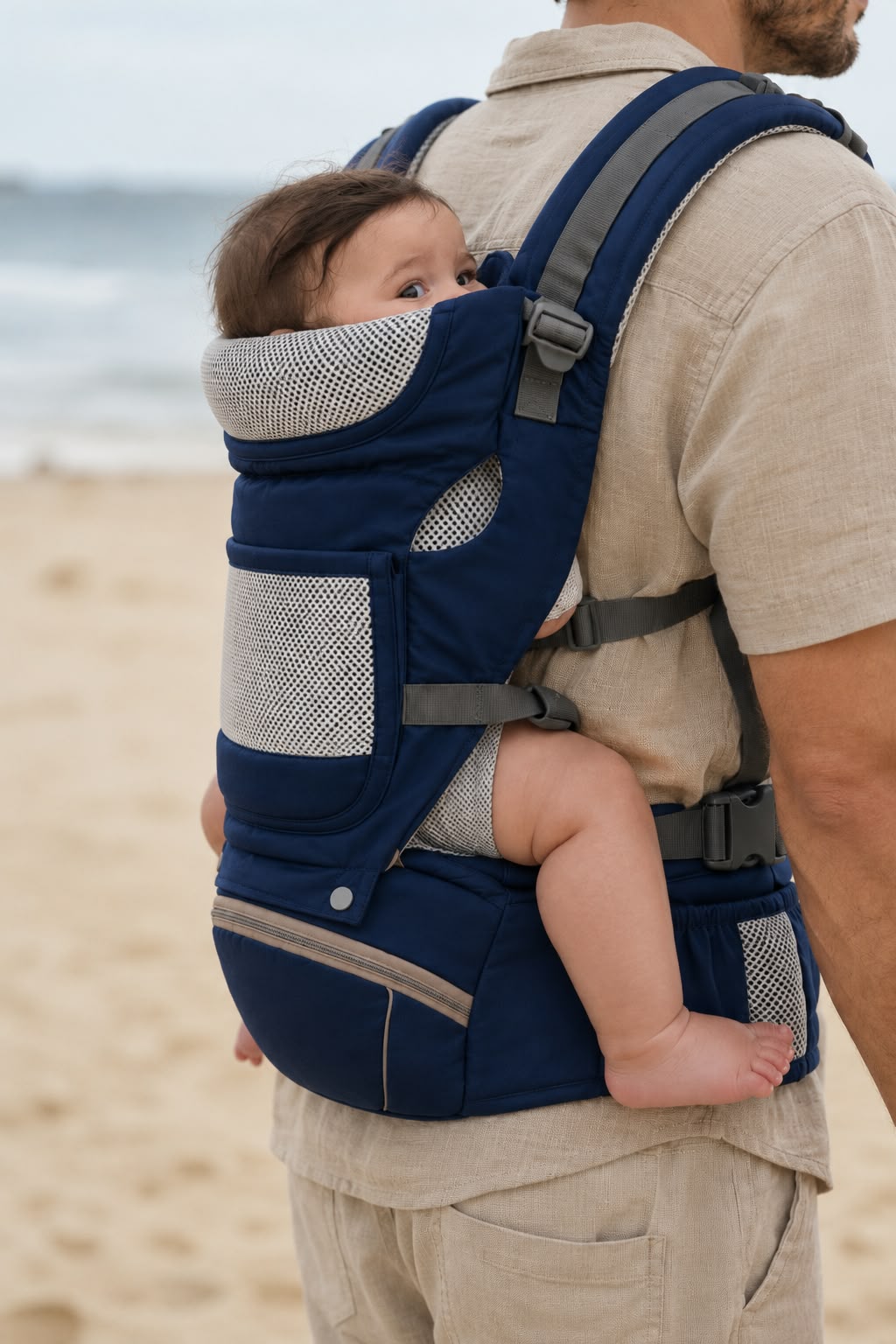 Bébé porté dans le dos de son père, dans un porte-bébé bleu marine avec bretelles et ceinture réglables.