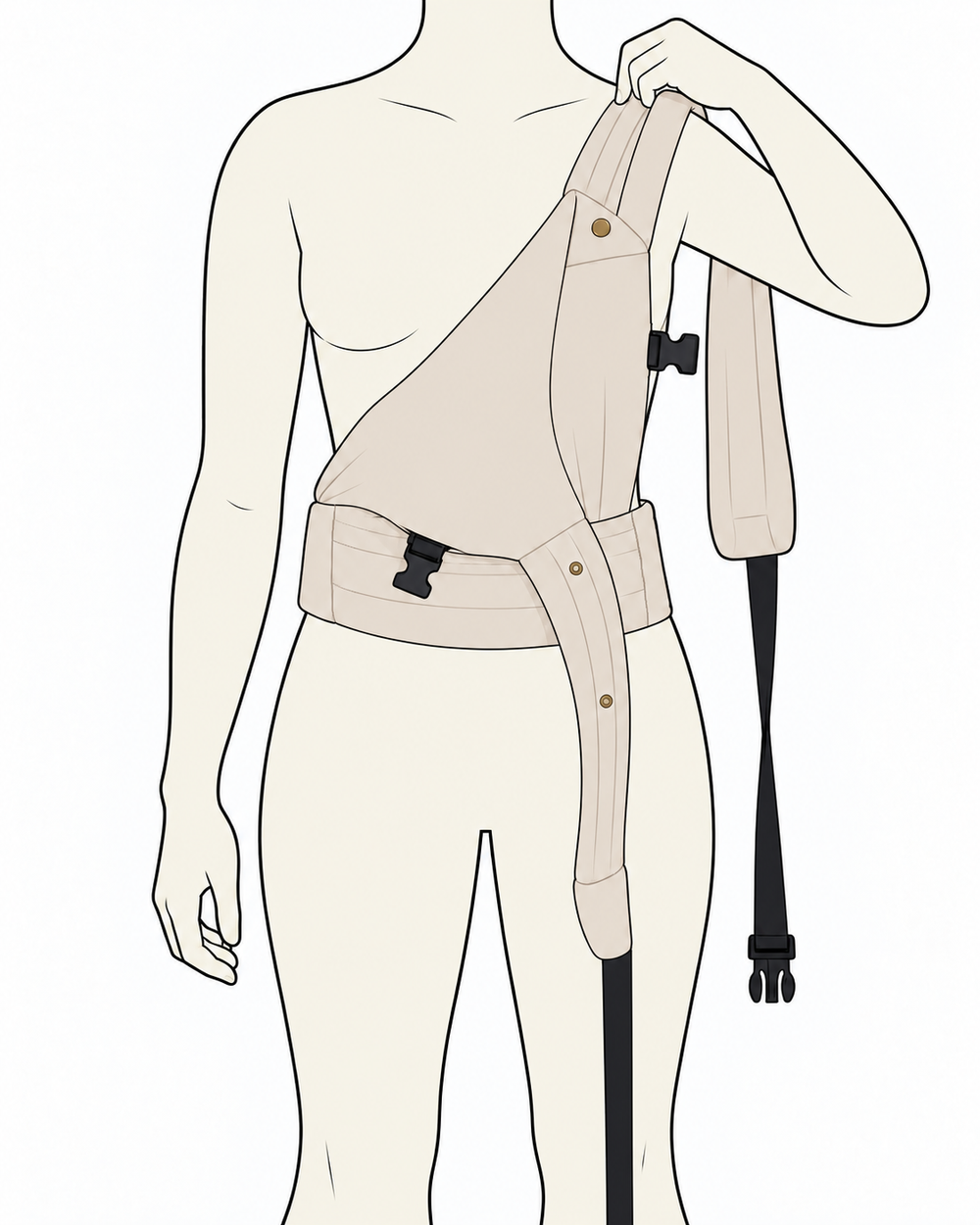 Illustration du porteur passant la première bretelle du porte-bébé NÉA sur son épaule.