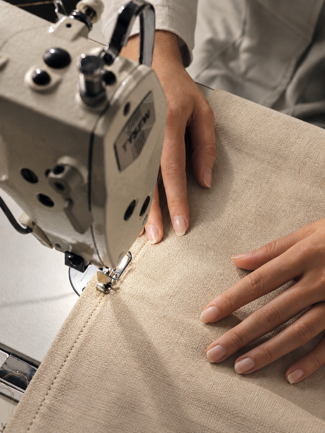 Couture à la machine d'un tissu beige destiné à la confection d'un porte-bébé.