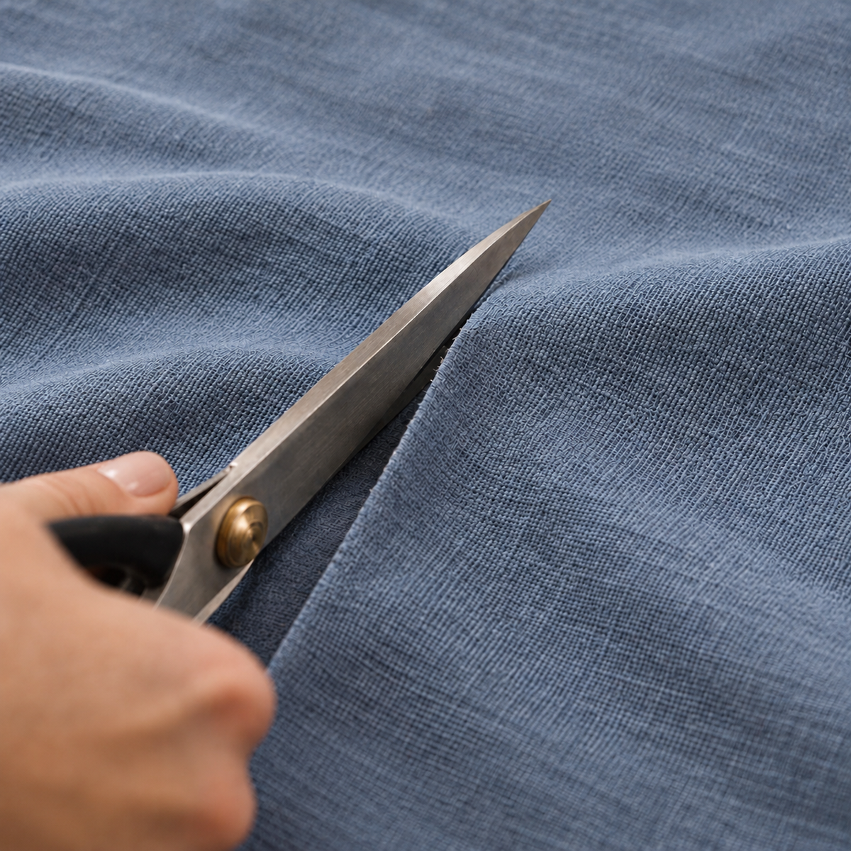 Découpe aux ciseaux d'un tissu bleu-gris destiné à la confection d'un porte-bébé.