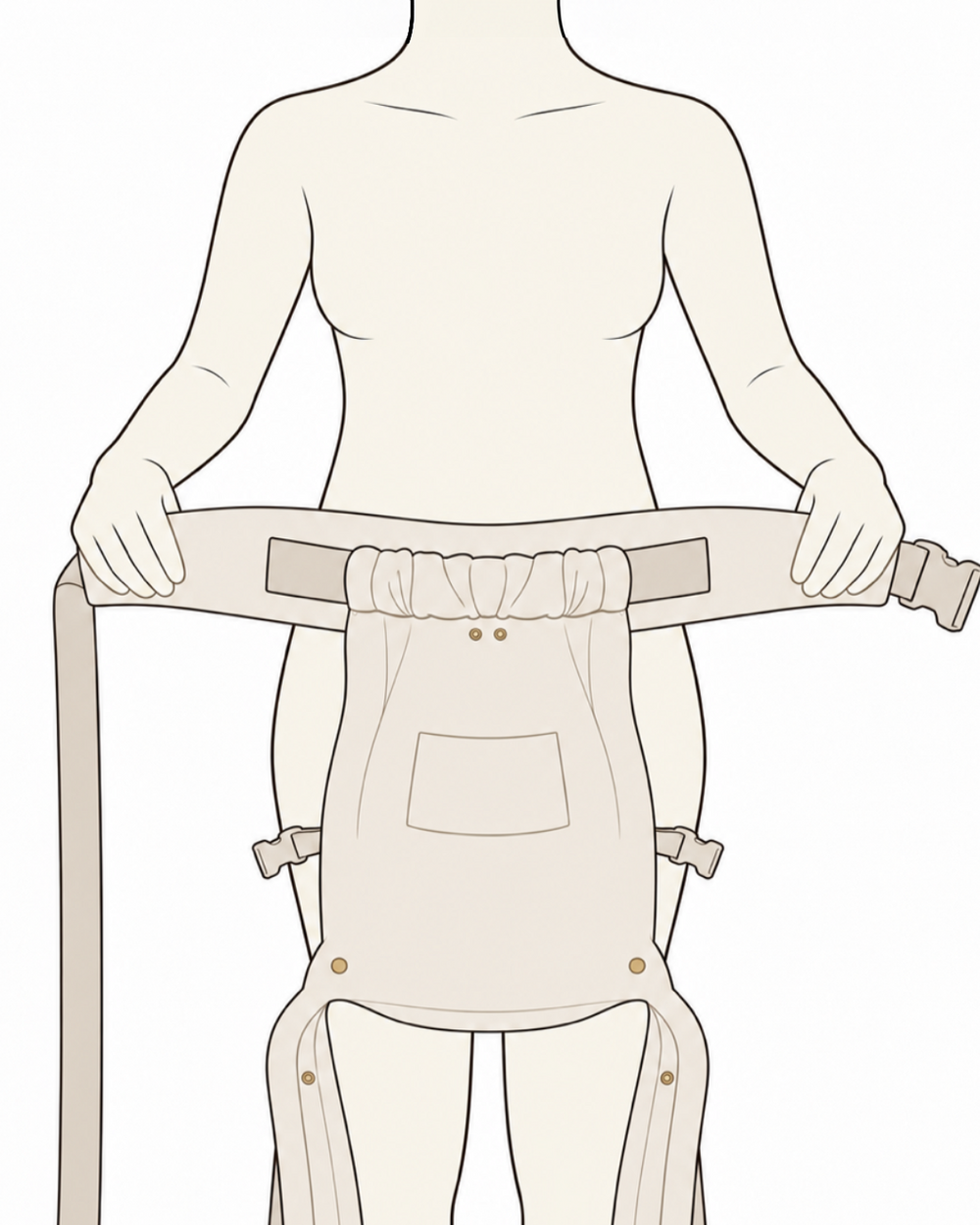 Illustration du porte-bébé NÉA avec la ceinture ouverte autour de la taille et le panneau suspendu vers le bas.