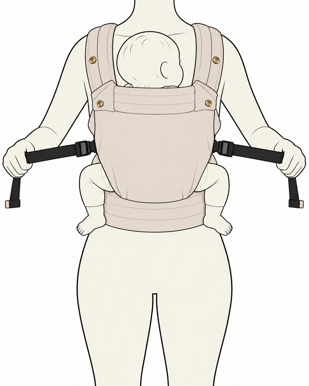 Illustration du réglage simultané des deux sangles latérales du porte-bébé NÉA avec bébé installé.