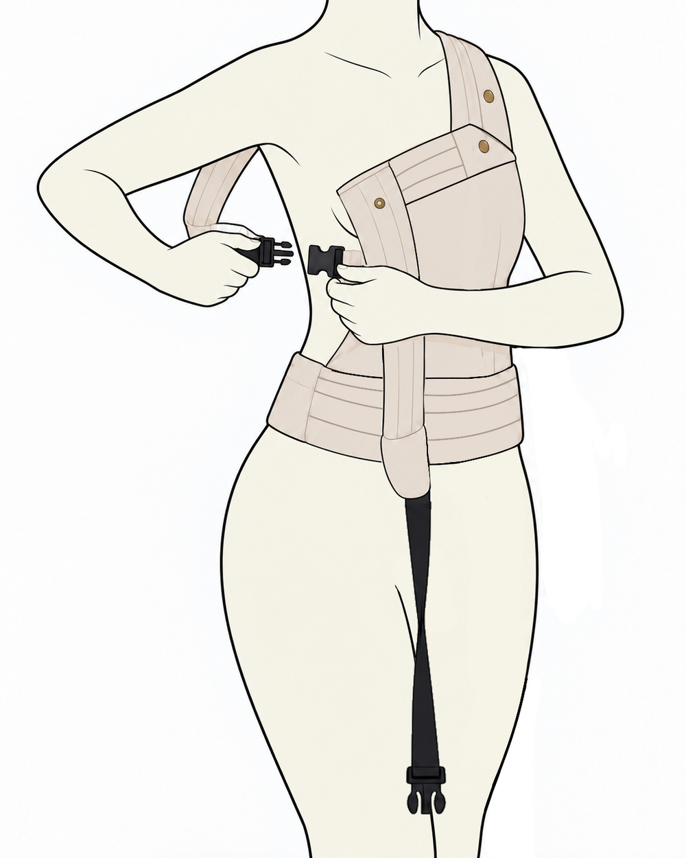 Illustration du porteur attachant la boucle latérale noire de la première bretelle du NÉA.