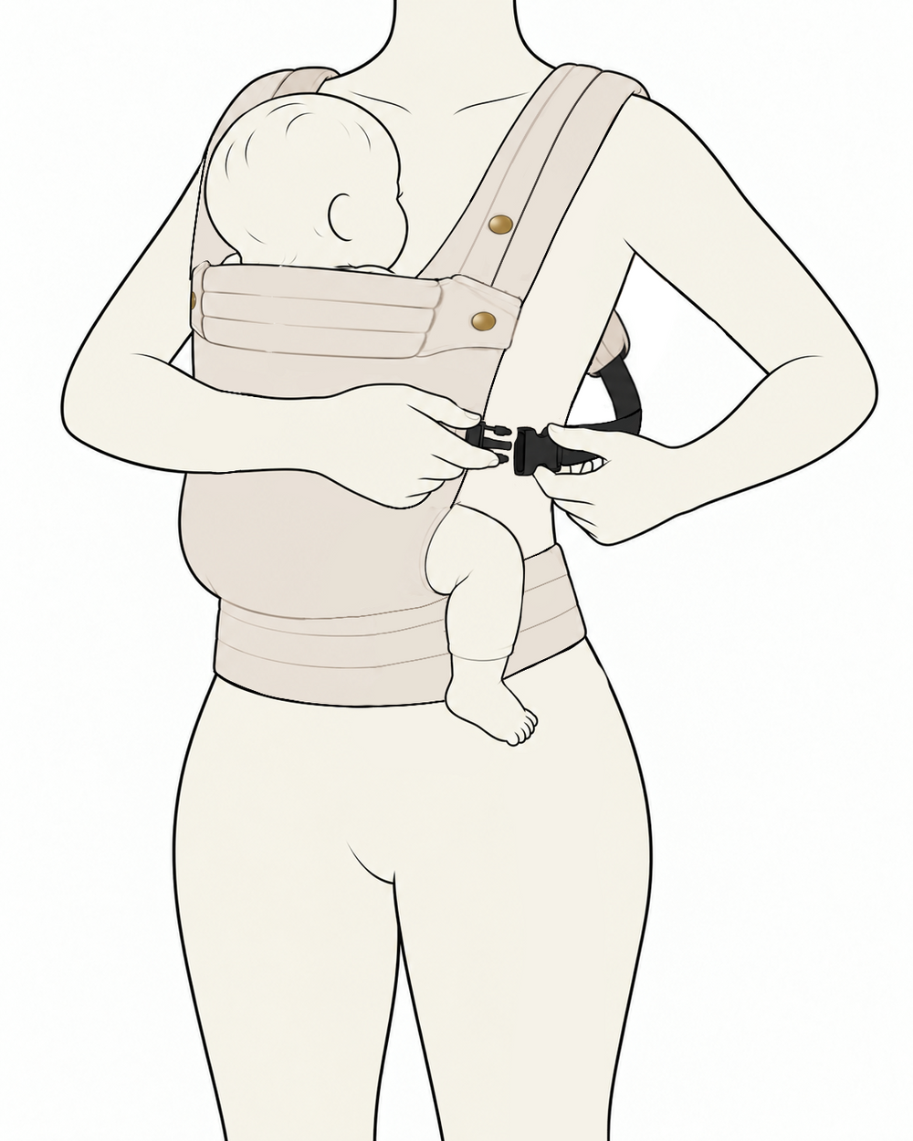 Illustration montrant la fermeture de la seconde boucle latérale du porte-bébé NÉA avec bébé installé.