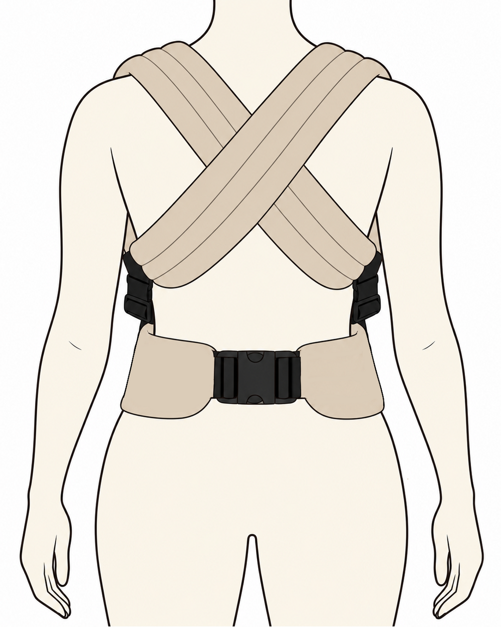 Vue arrière du porte-bébé NÉA montrant les deux bretelles beige croisées en X dans le dos et la ceinture attachée.