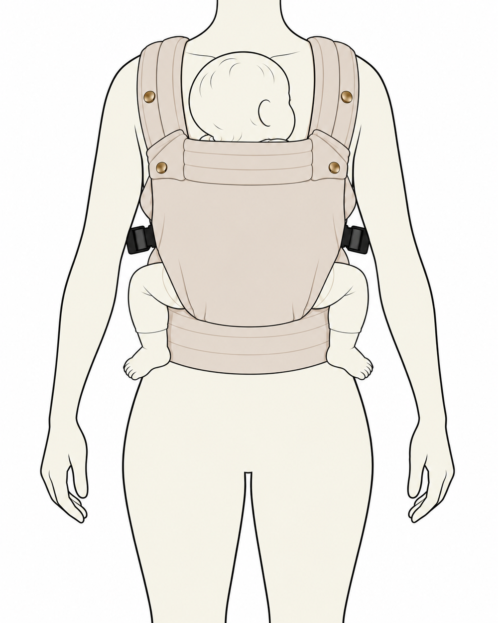 Vue de face du porte-bébé NÉA installé, avec bébé face au porteur, les jambes en position M et les bras du porteur relâchés.