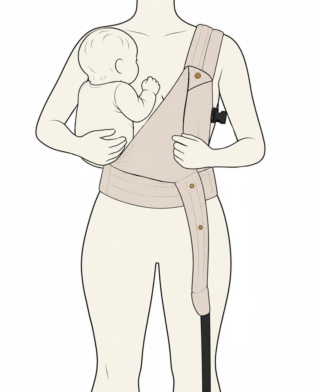 Illustration d'un bébé installé face au porteur dans le porte-bébé NÉA, soutenu par une main.