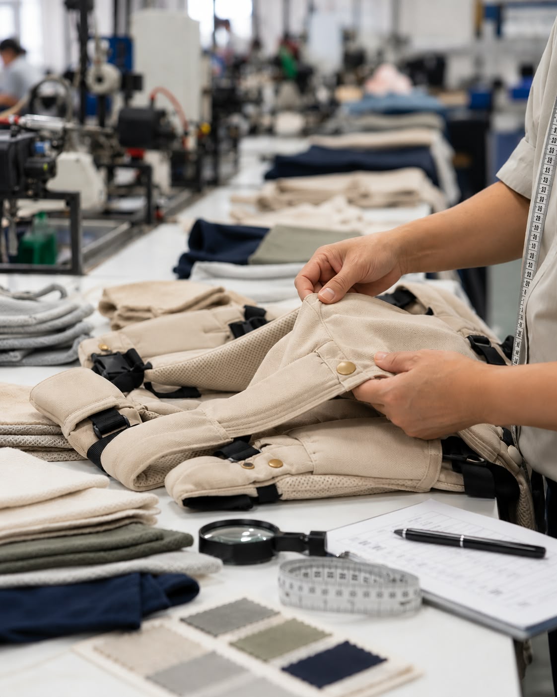 Contrôle des coutures et des finitions d'un porte-bébé beige BEBEHUGS dans un atelier textile.